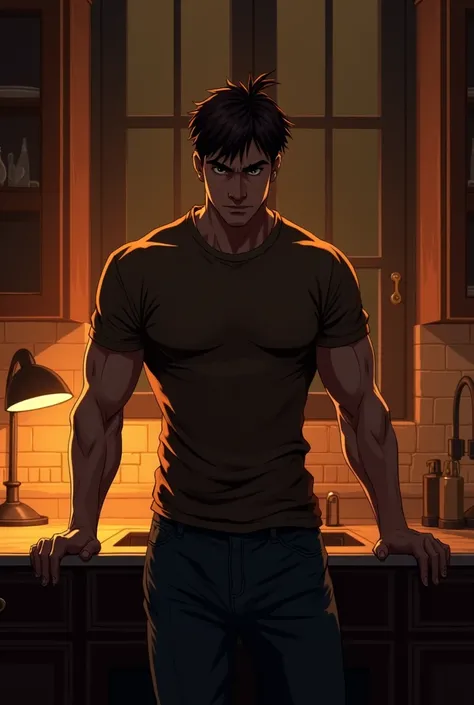 In a dark fantasy comic book scene, Beyond, a young man with brown hair, and a tuft, is standing, leaning against the kitchen counter, behind a dark window, and his thick eyebrows give him a serious and confident expression, while gesturing, with his stron...