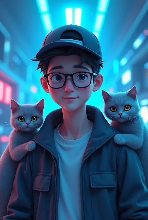 young man with black glasses, a bit stocky, wearing a cap backwards with two gray cats next to him in a gaming environment with a gaming background in a blue color palette