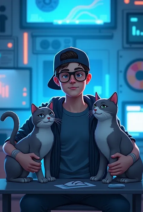 young man with black glasses, a bit stocky, wearing a cap backwards with two gray cats next to him in a gaming environment with a gaming background in a blue color palette