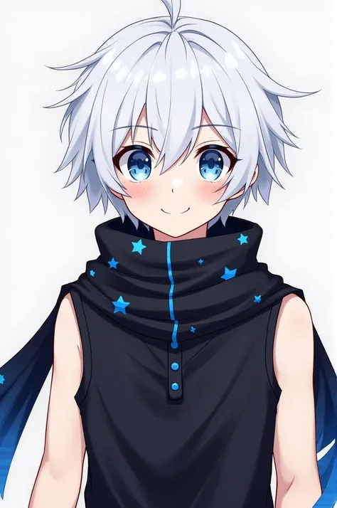  boy anime character, somewhat defined for his age white hair blue eyes black sleeveless polo shirt and a black scarf with blue shooting stars