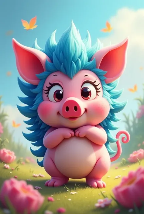 a sort of pink pig mixed with a cartoonish blue hedgehog