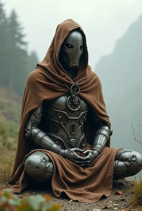 a warforged monk with a brown cloak and second a mask 