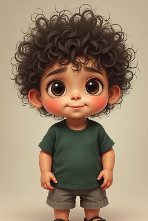 A small baby girl with white round Arab face and very curled messed hair wearing a dark green shirt and a grey short