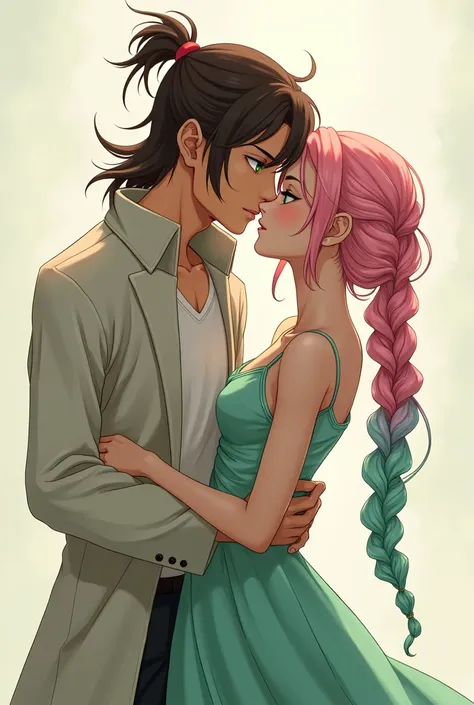 1 boy (green eyes) with long brown hair in a small ponytail athletic body (dressed in a long cloth jacket) light brown skin kissing a woman with pink and green hair in Japanese anime style braids 