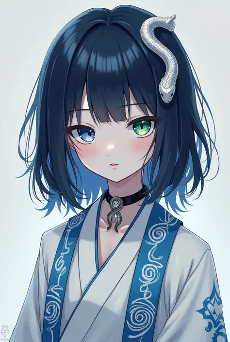 A white skinned boy, Medium length, blue-black hair that falls to her shoulders, has a mid-side fringe. heterochromia irisdi in the eyes (Blue green) a blue eyeliner on the eyes, Silver snake-shaped hair ornaments, A white male Haori with blue spirals and ...