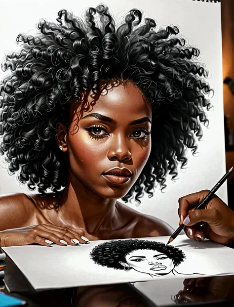 See hand black african IS drawing on a paper a portait of a black woman face with short hyper Realistfinish, beautiful  afro hair, ,in black and with on a paper white A3; the drawing IS on a desktop black with light of desktop.