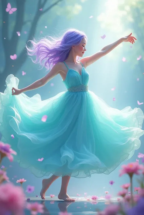 a girl age 18 long lavender hair dancing in the puffiest pastel  aqua dress ever 