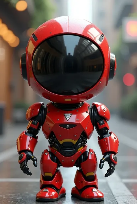 Make a photorealist chibi service robbery with a circular head and black visor that has the colors red, black and yellow, that the helmet is red with a pose and the hands are simple, futuristic friendly mech metalic