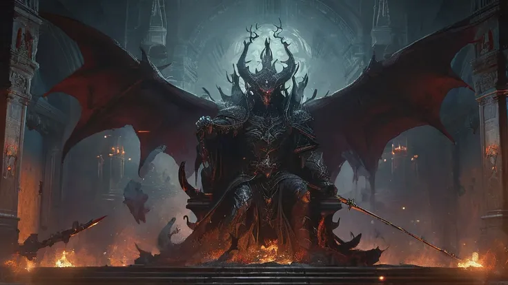 the Demon King sits upon his throne, a figure shrouded in shadows and malevolence. His throne is carved from black stone, adorned with grotesque faces of the damned, their twisted expressions frozen in eternal agony. The dim light of molten lava, seeping t...