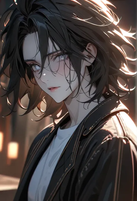 (solo), black hair, messy hair, mane hair, short hair, dense hair, wild hair, expressive hair,mature (2), pale skin, white eyes, ((man)), wearing a white shirt, simple jacket, handsome, attractive, eye reflection, depth of field, thunder aura,cinematic lig...