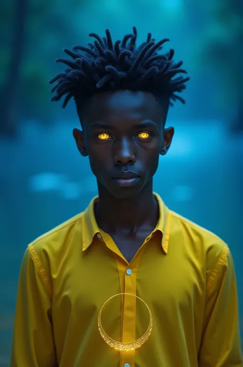 I want a male character with brown skin and short black hair, I want yellow eyes, a yellow shirt with a moon in the middle. 4K style with blue background