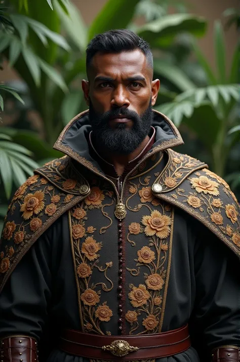 A handsome adult man, negro, strong, short haired in medieval clothing with embroidered plants.