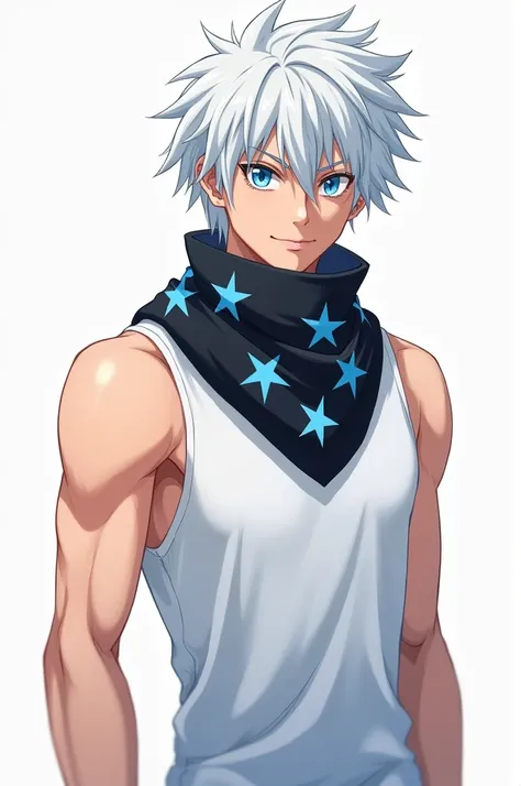 Anime drawing  boy white sleeveless polo shirt white hair blue eyes muscles somewhat defined for his age a black scarf with blue shooting stars