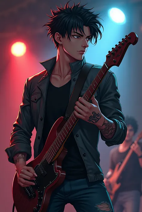 Hot man, anime art, black hair, wolf cut, guitarist