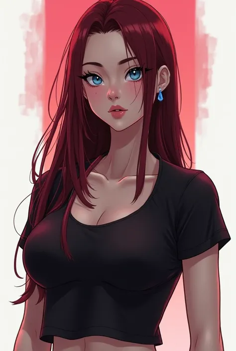 A very beautiful female character in 2D cyberpunk style., A woman 2, white skin, blue eyes, Shy eyebrows. Her hair is long and dark red., He is wearing a black t-shirt. She wears a sports bra, top style. A pair of small earrings from the Uzumaki clan.