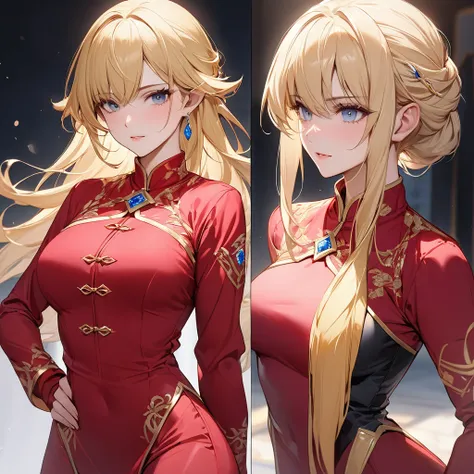 ((Best Quality)), ((masterpiece)), (detailed), （Perfect Face）、The woman is Seras Ashlain, a high elf with medium-long blonde hair, dressed in a Mao suit, adorned with gorgeous jewelry and an engagement ring.