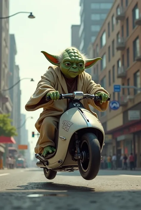 Yoda riding a scooter 