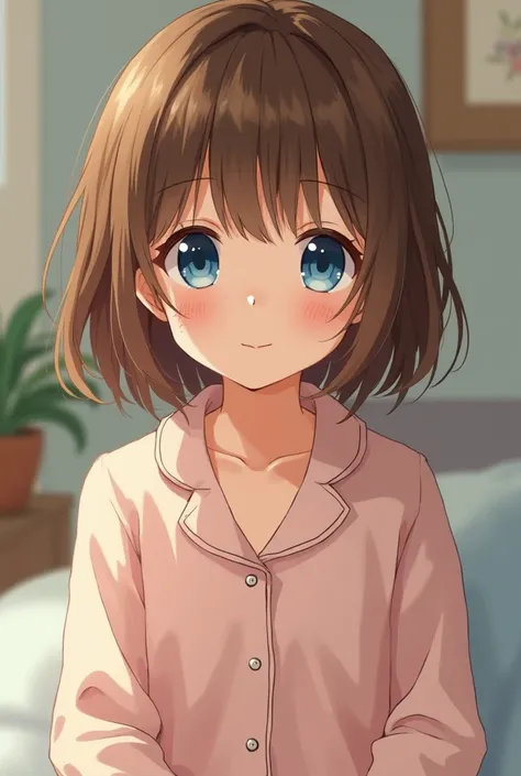 A brown-haired, blue-eyed girl with a pajama and freckles from an older anime girl