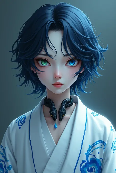 A  boy, white skin, Medium length, blue-black hair that falls to her shoulders, has a mid-side fringe. heterochromia irisdi in the eyes (Blue green) a blue eyeliner on the eyes, A white male Haori with blue spirals and a white shirt inside, Around her neck...