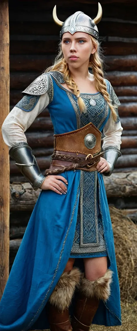 Side view, full-body, Viking girl,12 century, looking at viewer, Sweden Young girl, beautiful female, Scarlett Johansson, (Highly detailed face, Ordinary eyes, Blue eye, gold hair, Variegated eyes, Fuller lips, little Lips,  smile), (Middle breasts, Slende...