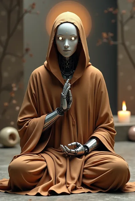 a robot monk wearing a brown cloak 