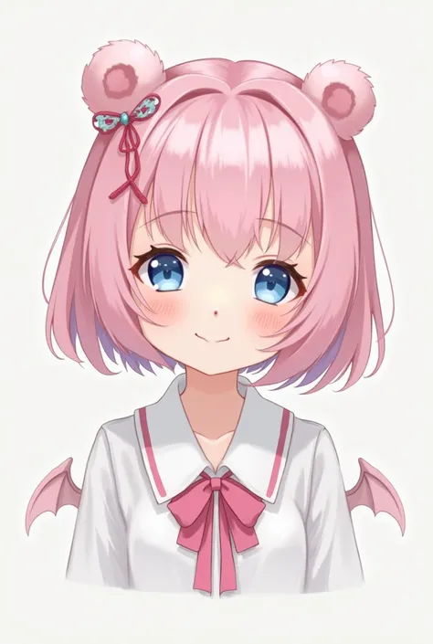 skistyle, 1girl, solo, pink hair, animal ears, blue eyes, wings, looking at viewer, mole, bangs, short hair, bow, sailor collar, simple background, white sailor collar, mole under mouth, hair bow, pink bow, closed mouth, shirt, white shirt, bear ears, bob ...