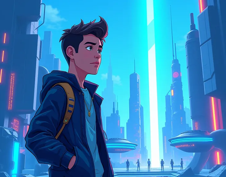 create a blue futuristic background with reference to male cartoon