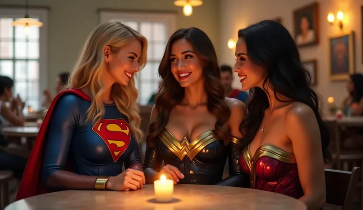 Super girl, sexy super girl uniform, blonde, perfect face, perfect eyes, beautiful, AND bat girl, sexy bat girl uniform, perfect face, perfect eyes, AND Wonder Woman, sexy Wonder woman uniform, perfect face, perfect eyes, sitting at the table, eating and l...