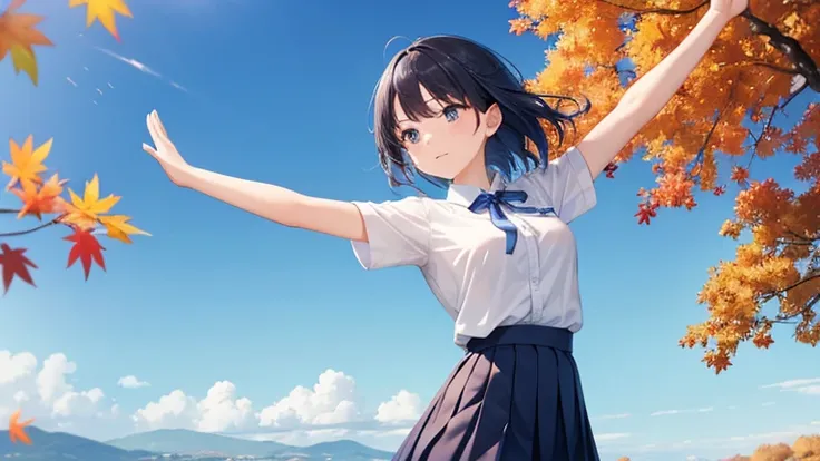 Under the clear autumn air and blue skies、A scene in which a woman in a pleated skirt strikes a powerful pose with her hands raised high。The blue sky stretching out in the distance and her movements、Symbolizing a vibrant autumn day。