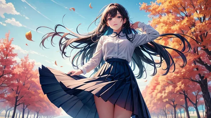 Under the clear blue autumn sky、A scene of a woman wearing a pleated skirt striking a confident pose。A skirt fluttering in the wind and the sky spreading out in the background、Creates a refreshing atmosphere。