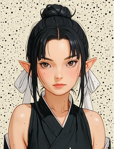 create a digital illustration of a female character with elf ears with round dots instead of eyebrows. for the hairstyle, she sh...