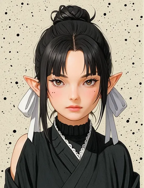 create a digital illustration of a female character with elf ears with round dots instead of eyebrows. for the hairstyle, she sh...