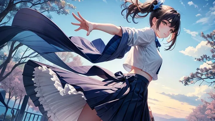 Under the blue autumn sky、A woman wearing a pleated skirt with her hands on her hips、A pose while looking back。Hair and skirt fluttering in the wind、A composition that gives a sense of openness。