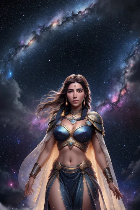 High detail, super detail, super high resolution, Kassandra, enjoying her time in the dream galaxy, surrounded by stars, warm light sprinkled on her, full body, background is starry sky with colorful galaxies and galaxy clouds, stars flying around her, del...