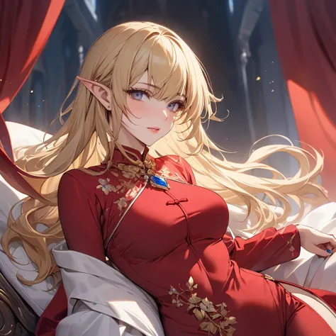 ((Best Quality)), ((masterpiece)), (detailed), （Perfect Face）、The woman is Seras Ashlain, a high elf with medium-long blonde hair, dressed in a Mao suit, adorned with gorgeous jewelry and an engagement ring.