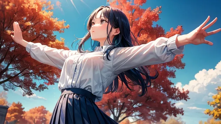 Under the clear autumn air and blue skies、A scene in which a woman in a pleated skirt strikes a powerful pose with her hands raised high。The blue sky stretching out in the distance and her movements、Symbolizing a vibrant autumn day。