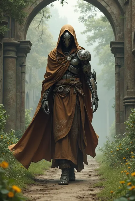 a warforged monk with a brown cloak 