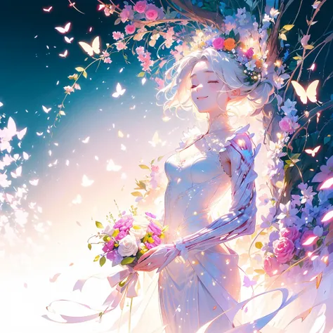 (masterpiece、Best Quality、Best Quality、Beautiful and beautiful:1.2)、(Excellent anatomy:1.5)、Milky white straight hair girl、Butterfly Fairy、Floral Costume、A radiant smile、I bow my head, close my eyes and pray、Flowers and leaves on head、Holding a bouquet、Ros...