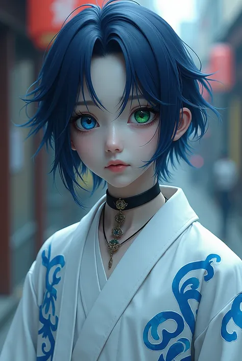 A  boy, white skin, Medium length, blue-black hair that falls to her shoulders, has a mid-side fringe. heterochromia irisdi in the eyes (Blue green) a blue eyeliner on the eyes, A white male Haori with blue spirals and a white shirt inside, Around her neck...