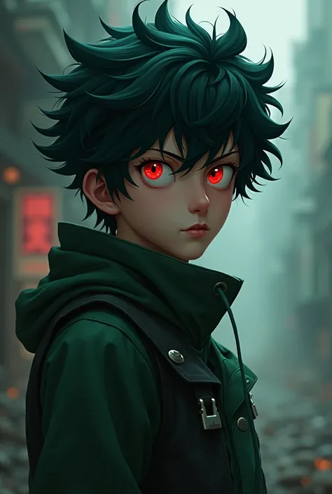 Make the teenager Izuku Midoriya, but change the hair to black, and the eyes to the red color 