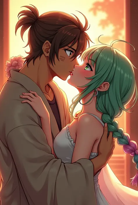 1 light brown man (green eyes) and with three thin vertical scars under each eye, with long brown hair in a small ponytail athletic body (dressed in a long cloth jacket) kissing a woman with pink and green hair with two braids and a mole under her eye near...