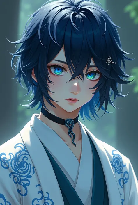 A  boy, white skin, Medium length, blue-black hair that falls to her shoulders, has a mid-side fringe. heterochromia irisdi in the eyes (Blue green) a blue eyeliner on the eyes, A white male Haori with blue spirals and a white shirt inside, Around her neck...