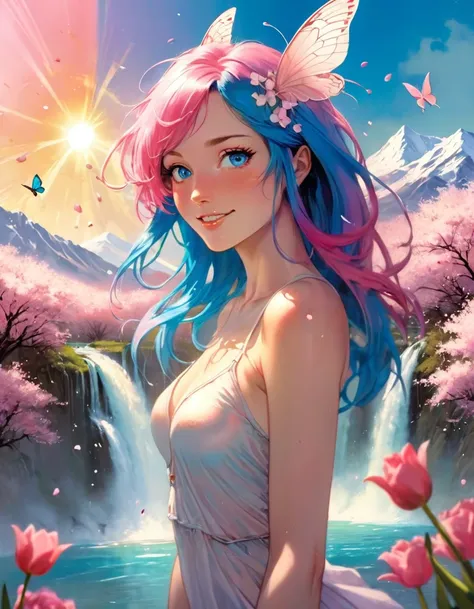 1 girl, vibrant colors, sharp focus, best quality, depth of field, cinematic lighting, flying petals in the wind, scenery, paradise, heavenly light, pink and blue skies, sky gradation, field of flowers, landscape, background art, cherry blossom trees, pink...