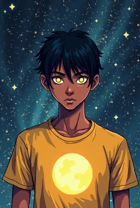 I want a brown skin male character with short straight black hair, I want yellow eyes, a yellow shirt with a full moon in the middle. pixel style with galaxy background 