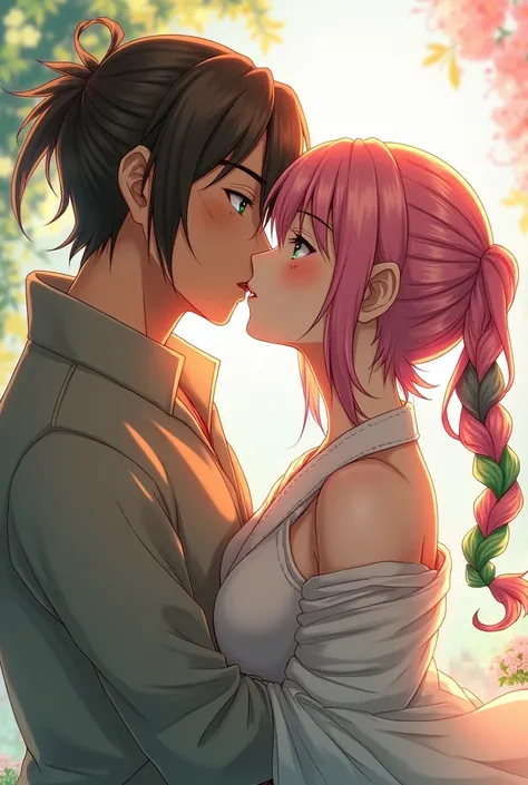 1 light brown man (green eyes) and with three thin vertical scars under each eye, with long brown hair in a small ponytail athletic body (dressed in a long cloth jacket) kissing a woman with pink and green hair (the girl&#39;s hair colors are distributed e...