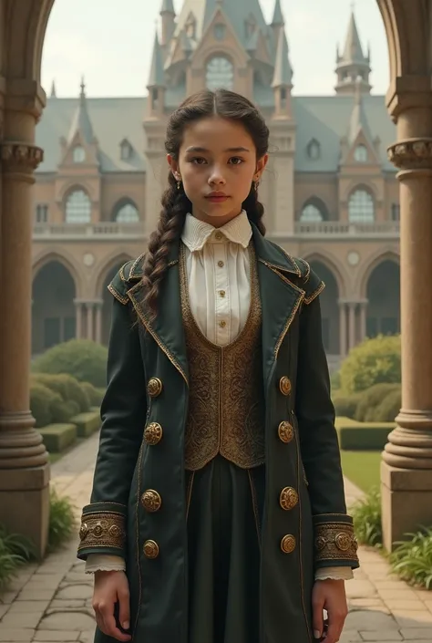 girl in a uniform for an explorers academy, renaissance, medieval, fanasty, magic, hogwarts, vintage aesthetic, vintage, 15th century, academy, elite school, full body, light academia, yellow academia, victorian, gothic, aristocrat, skirt, robes, coat, gir...