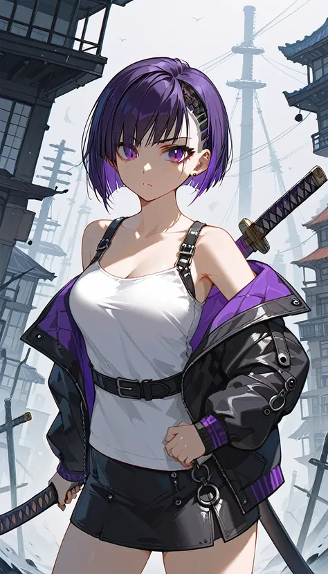 purple silver bob cut, purple eye, white shirts, put on a off shoulder black open hoodie, black slit skirt, leather belt, iaidow...