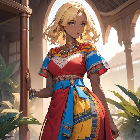 ((Best Quality)), ((masterpiece)), (detailed), （Perfect Face）、The woman is Seras Ashlain, a high elf with medium-long blonde hair, dressed in the colorful Ghanaian national dress, adorned with gorgeous jewelry and an engagement ring.