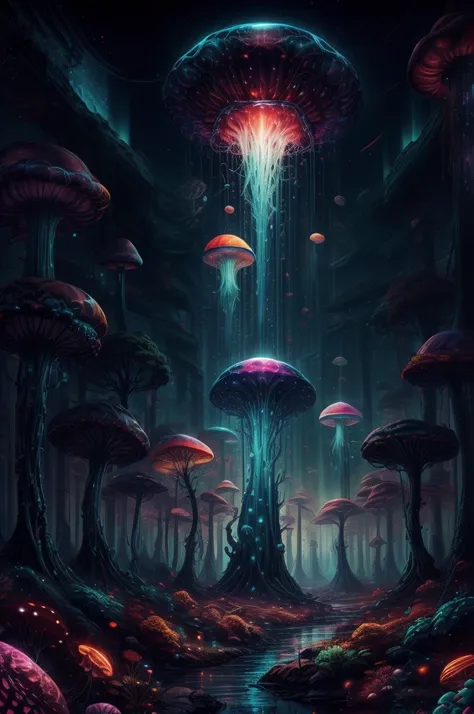 jellyfish swimming in a pine forest with magic mushrooms, starry sky and nebulae, digital art, psychedelic theme, vivid colors, ...