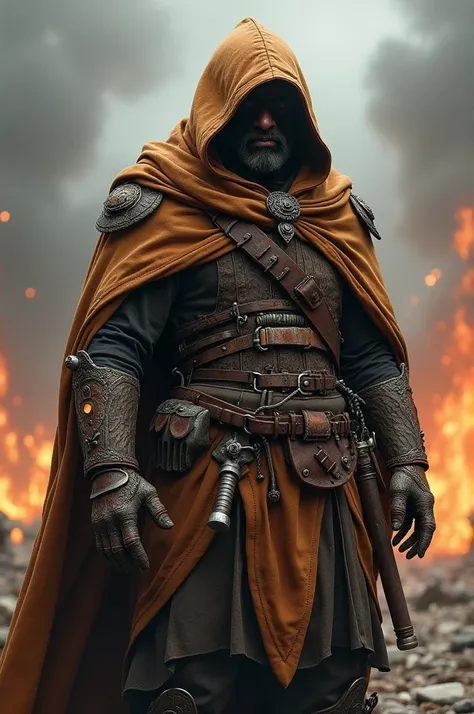 a war forged with wood and metal parts with a brown cape wrapped around him carrying a shoulder bag 